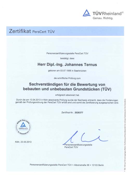 Zertifikat PersCertTÜV - Sachverständiger für die Bewertung von bebauten und unbebauten Grundstücken (TÜV), Johannes Ternus
