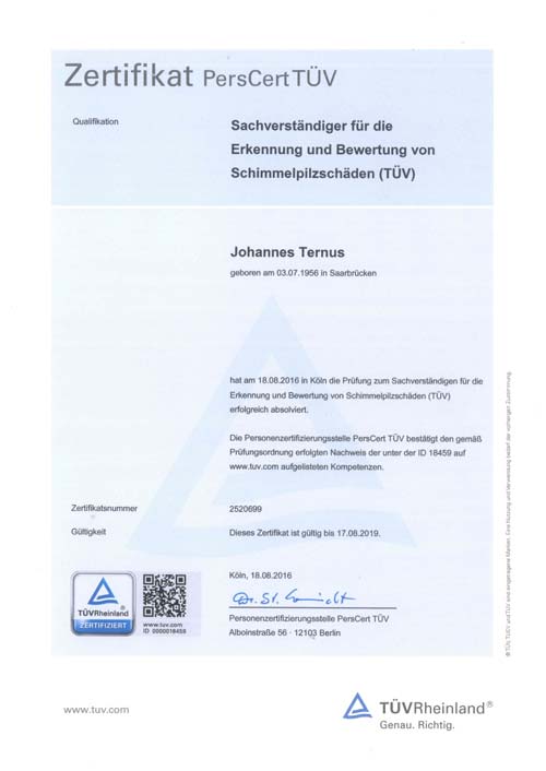 Zertifikat PersCertTÜV - Sachverständiger für die Erkennung und Bewertung von Schimmelpilzschäden (TÜV), Johannes Ternus