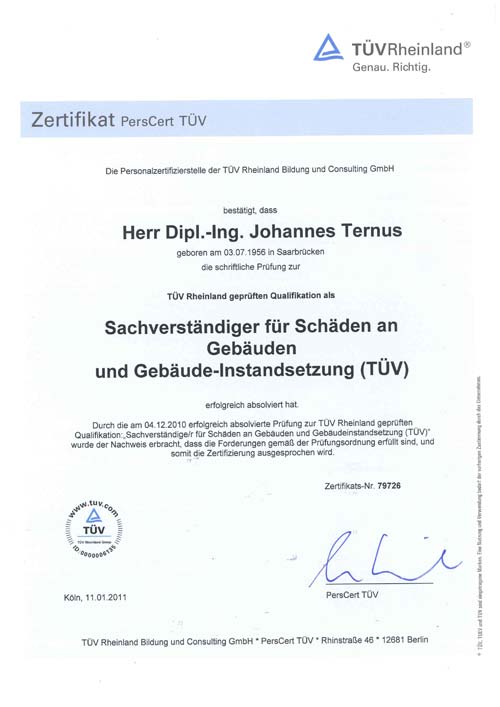 Zertifikat PersCertTÜV - Sachverständiger Wärmedämm-Verbundsysteme (TÜV), Johannes Ternus